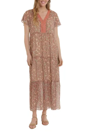 London Times V-Neck Short Sleeve Empire Waist Tiered Paisley Print Chiffon Dress