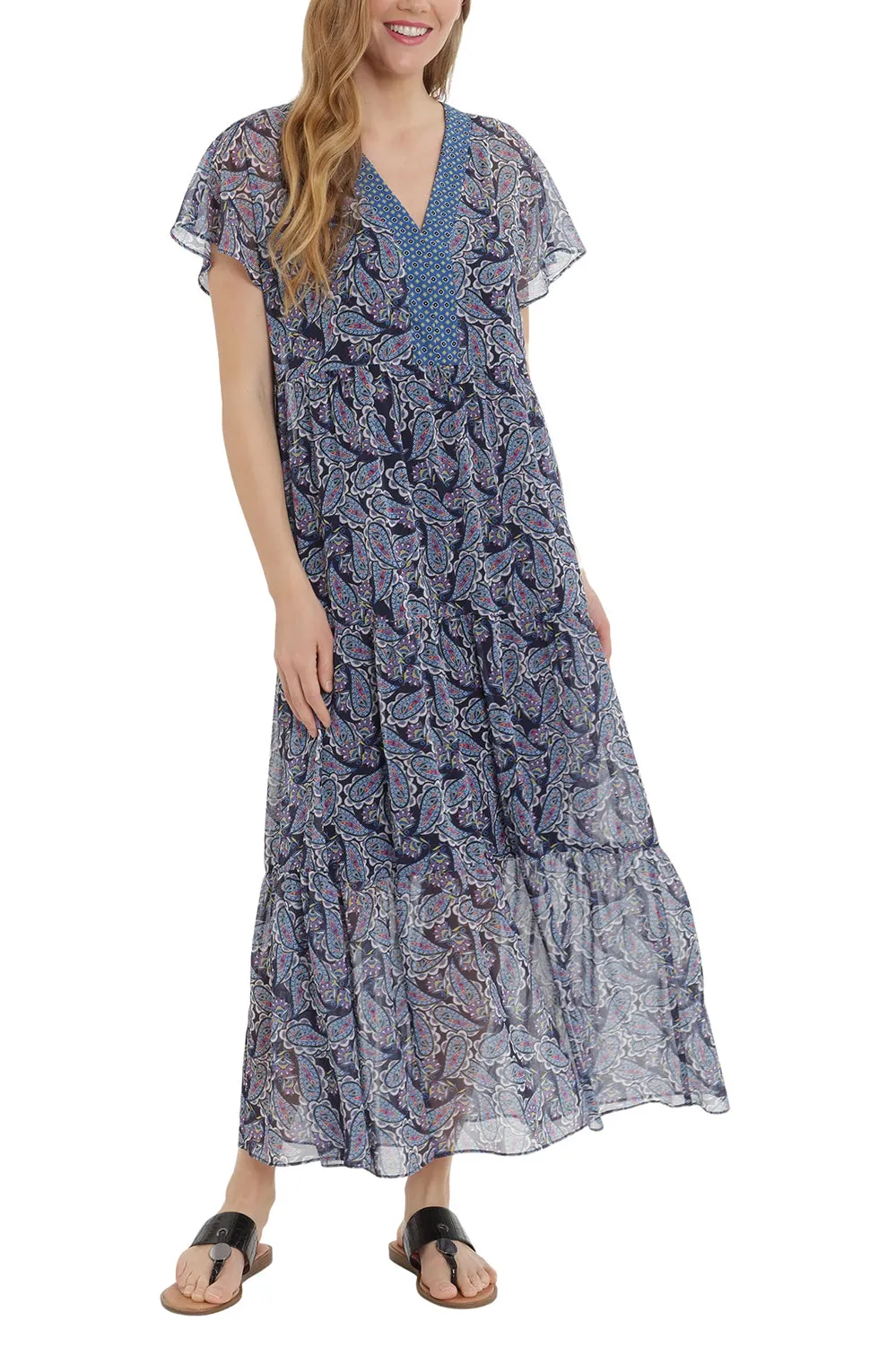 London Times V-Neck Short Sleeve Empire Waist Tiered Paisley Print Chiffon Dress