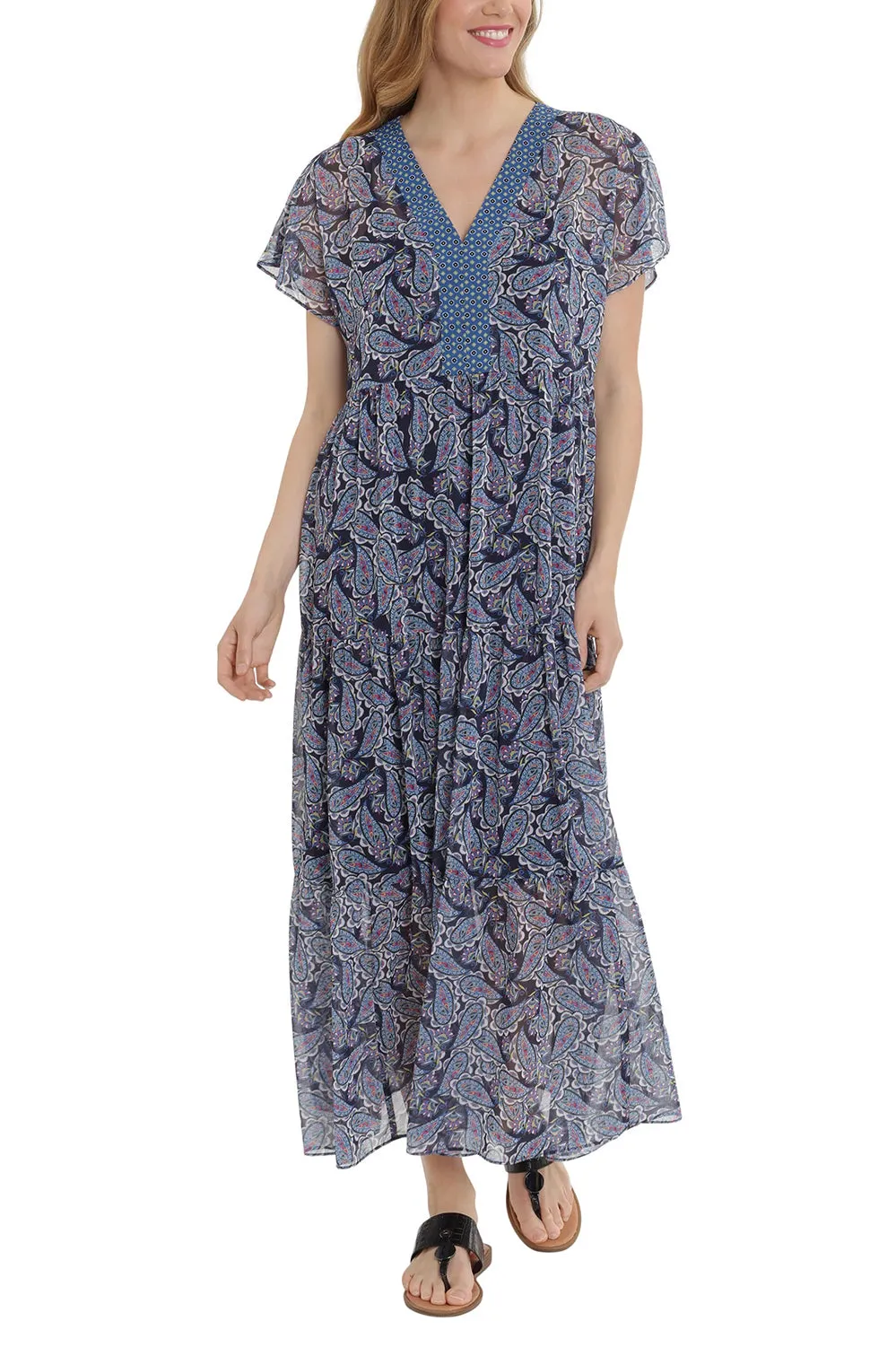 London Times V-Neck Short Sleeve Empire Waist Tiered Paisley Print Chiffon Dress