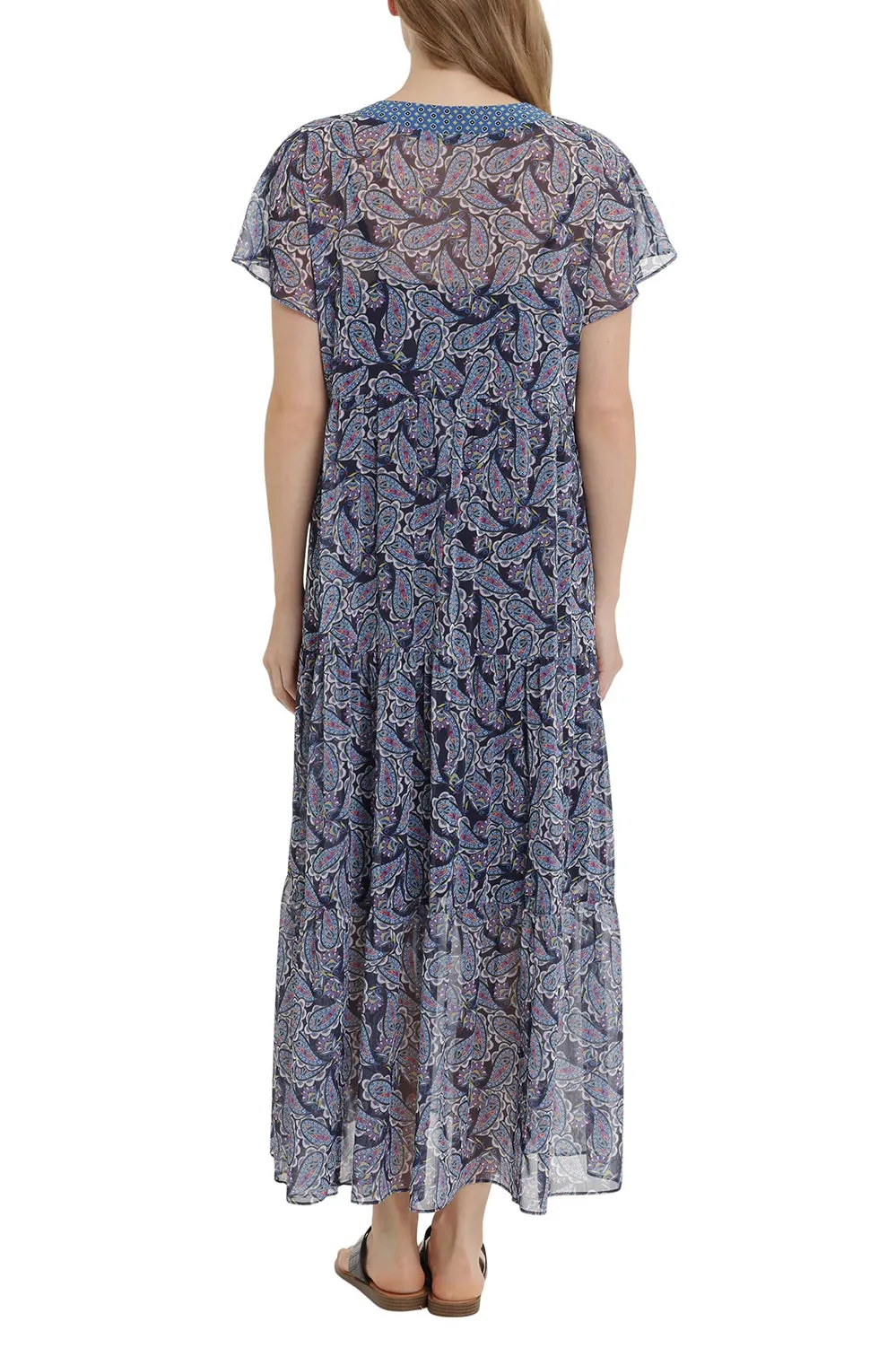 London Times V-Neck Short Sleeve Empire Waist Tiered Paisley Print Chiffon Dress