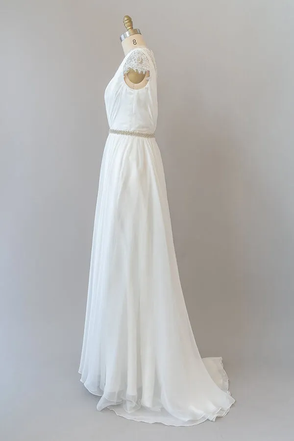 Long Sheath V-neck Lace Chiffon Wedding Dress with Cap Sleeves