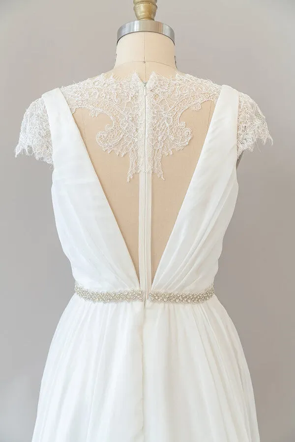 Long Sheath V-neck Lace Chiffon Wedding Dress with Cap Sleeves