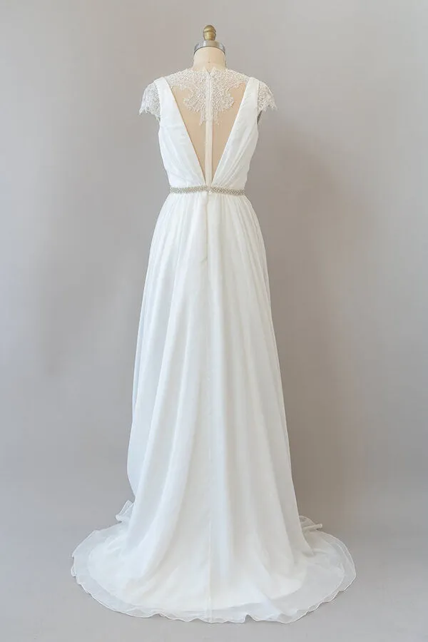 Long Sheath V-neck Lace Chiffon Wedding Dress with Cap Sleeves