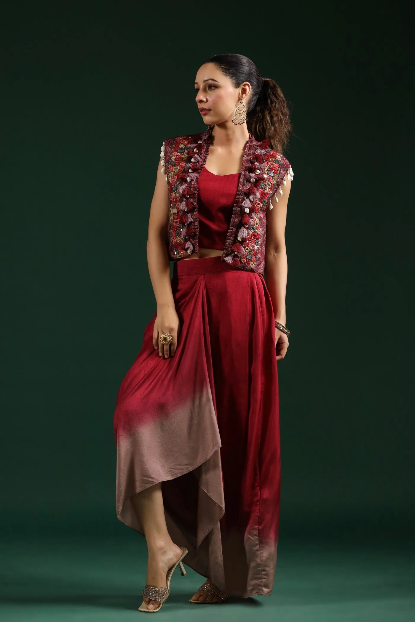 Maroon Ombre Dyed Cape Dress