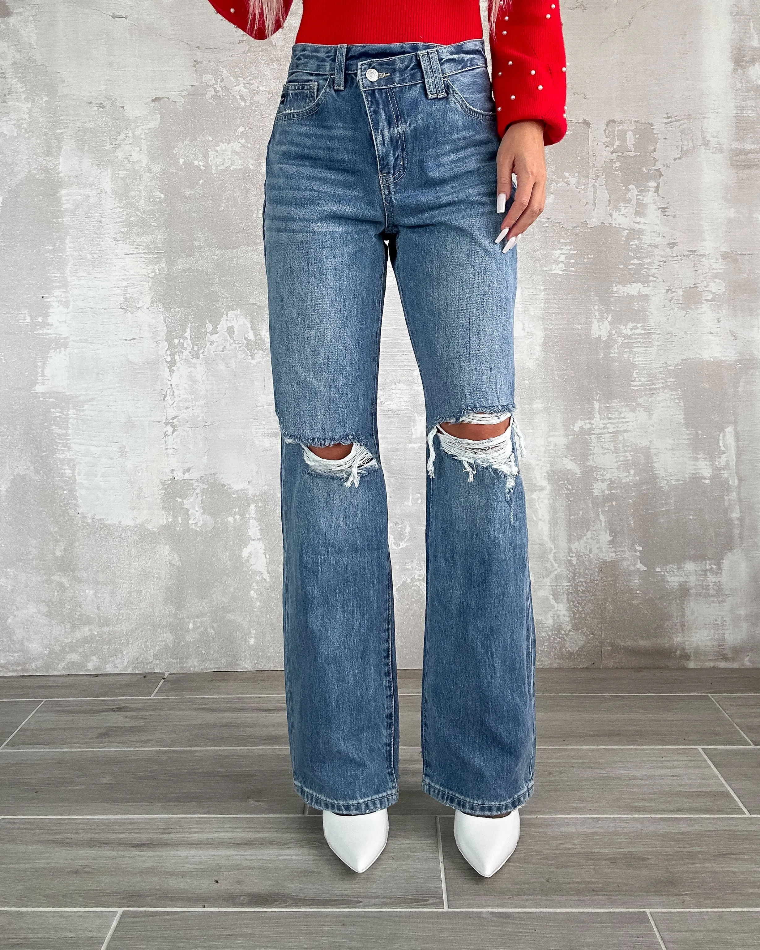 Meadow Criss Cross Straight Leg Jeans - Medium Wash