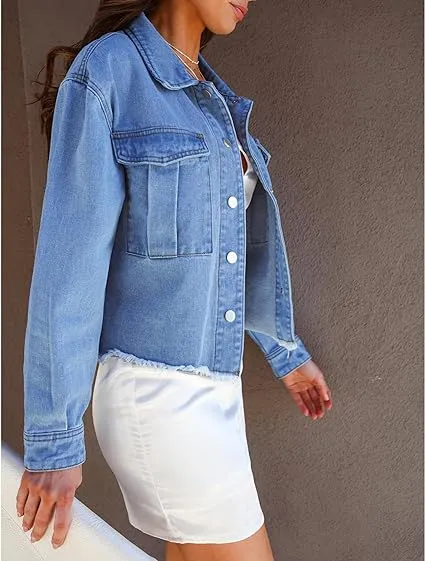 Medium Blue Women's Denim Collared Jacket With Flap Pocket Button UP Raw Hem Detail Long Sleeve Jean Jackets