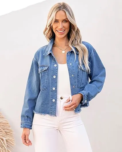 Medium Blue Women's Denim Collared Jacket With Flap Pocket Button UP Raw Hem Detail Long Sleeve Jean Jackets