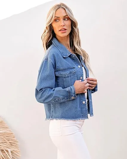 Medium Blue Women's Denim Collared Jacket With Flap Pocket Button UP Raw Hem Detail Long Sleeve Jean Jackets