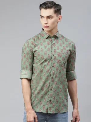 Men's Green Cotton Full Sleeves Shirt - Taantav