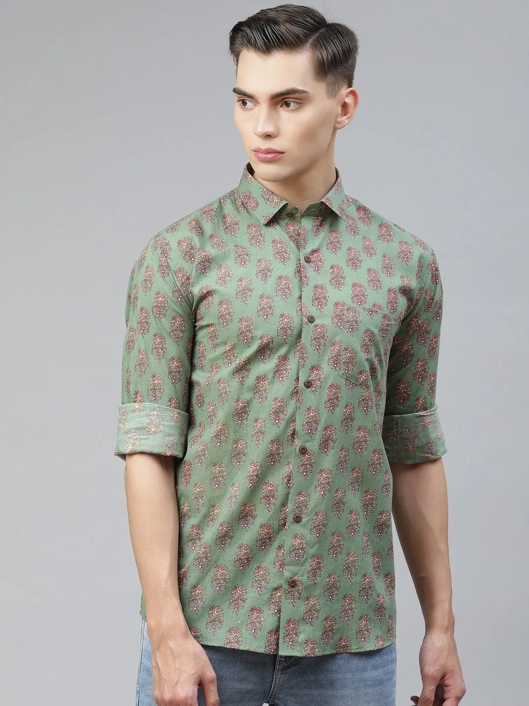 Men's Green Cotton Full Sleeves Shirt - Taantav