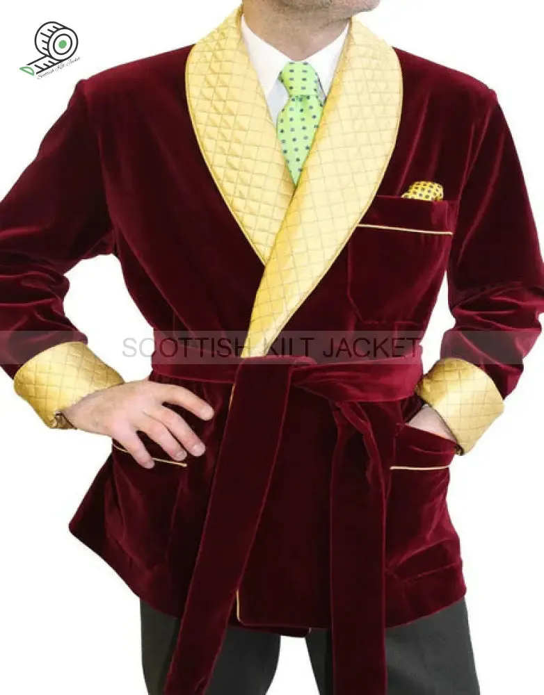 Men's Maroon Velvet Quilted Blazer