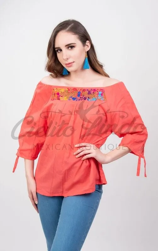 Mexican Embroidered Blouse Cozumel Coral