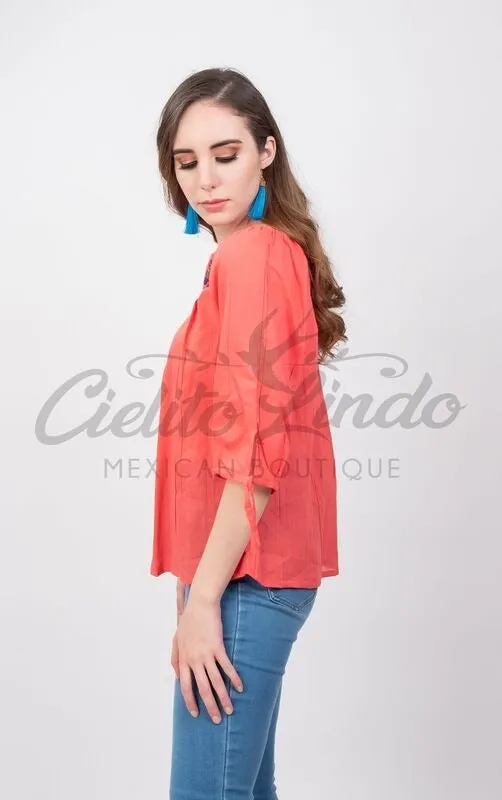 Mexican Embroidered Blouse Cozumel Coral