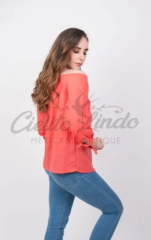 Mexican Embroidered Blouse Cozumel Coral