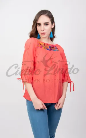 Mexican Embroidered Blouse Cozumel Coral