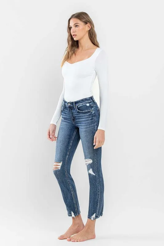 Mid Rise Distressed Crop Slim Straight Jeans