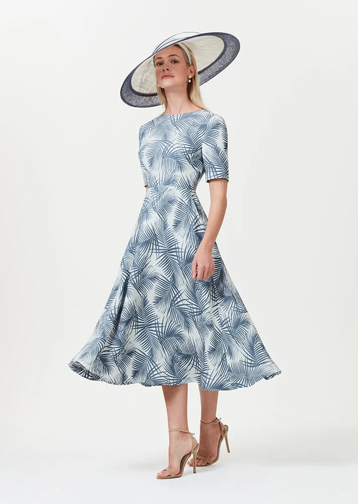 Midi Length Dress with Sleeves in Stone and Slate Italian Printed Silk Cloqué - Lexie