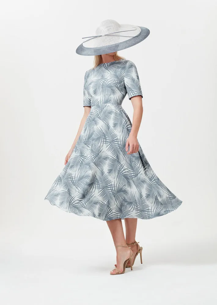 Midi Length Dress with Sleeves in Stone and Slate Italian Printed Silk Cloqué - Lexie