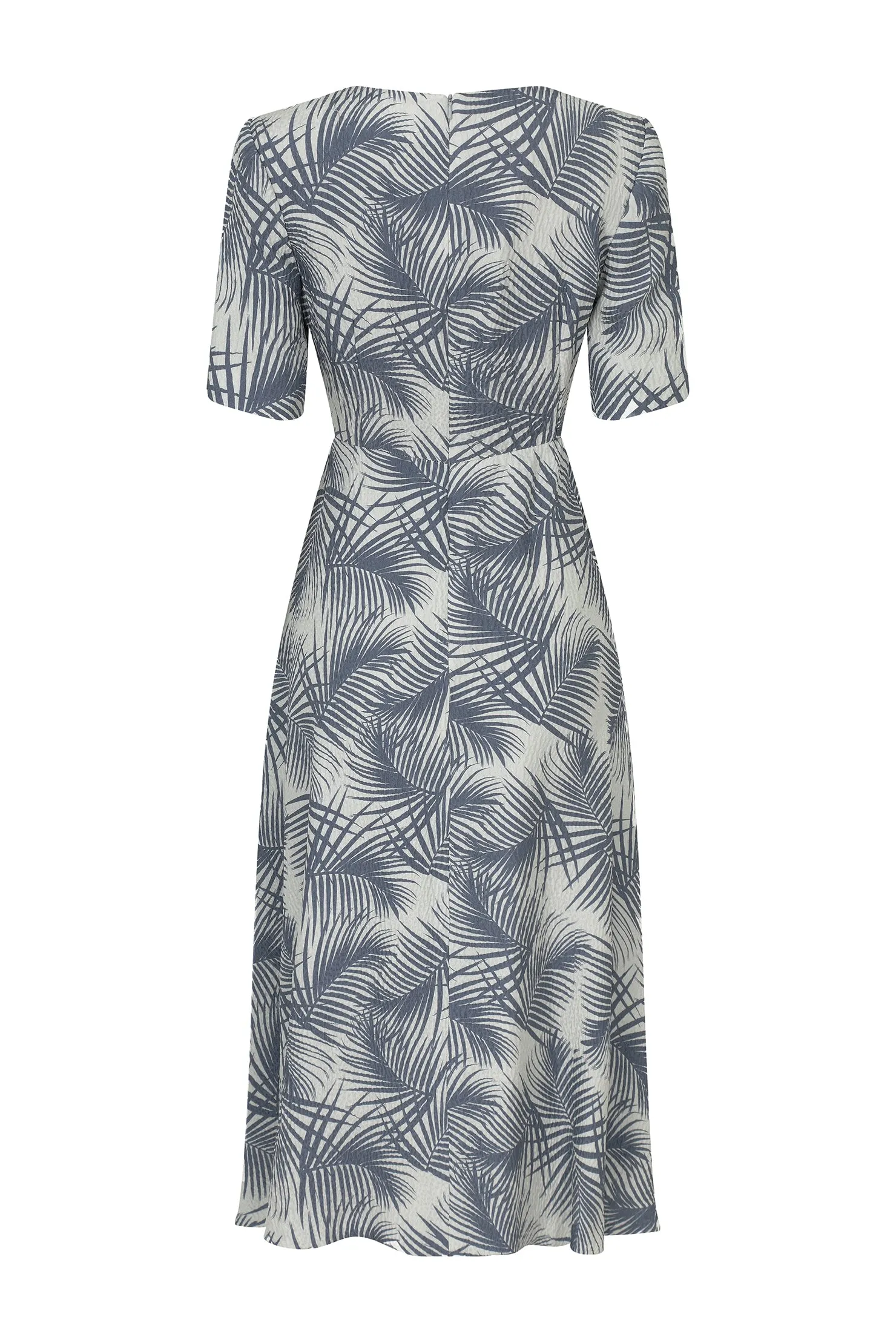 Midi Length Dress with Sleeves in Stone and Slate Italian Printed Silk Cloqué - Lexie