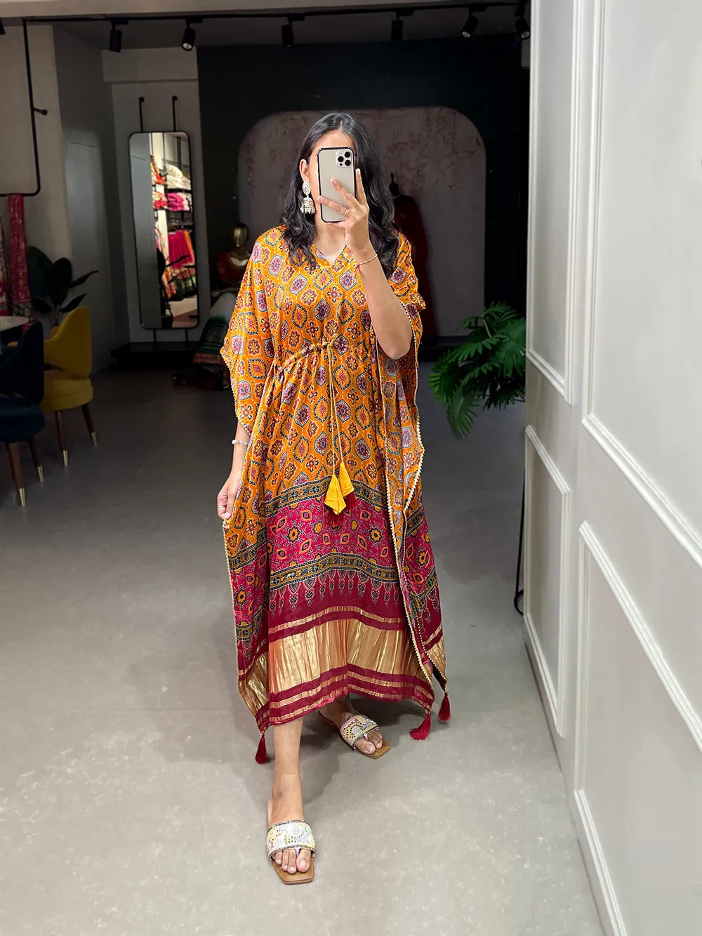 Mustard Color Patola Printed Gaji Silk Kaftan