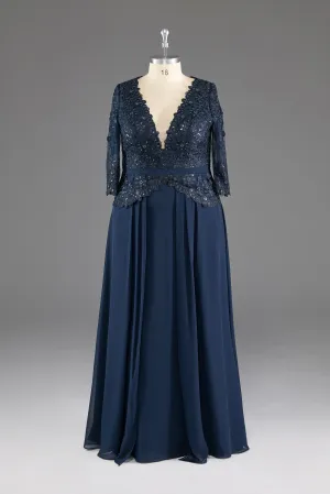 Navy V-Neck Long Sleeves Lace Appliques Chiffon Prom Dress