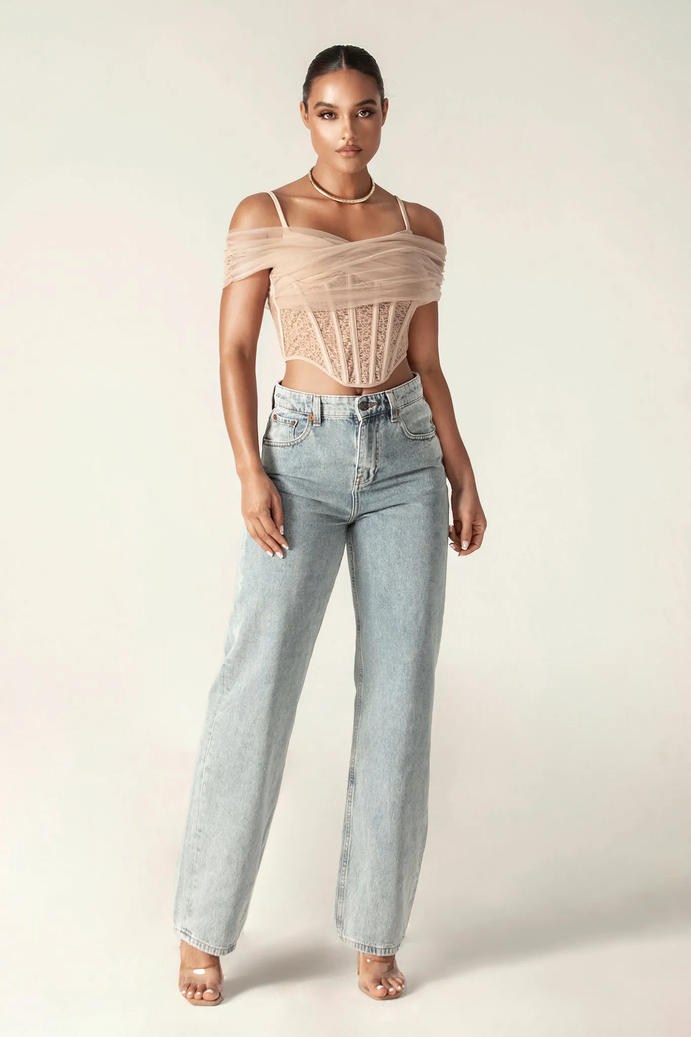 Paris Lace Off Shoulder Corset Top (Nude)