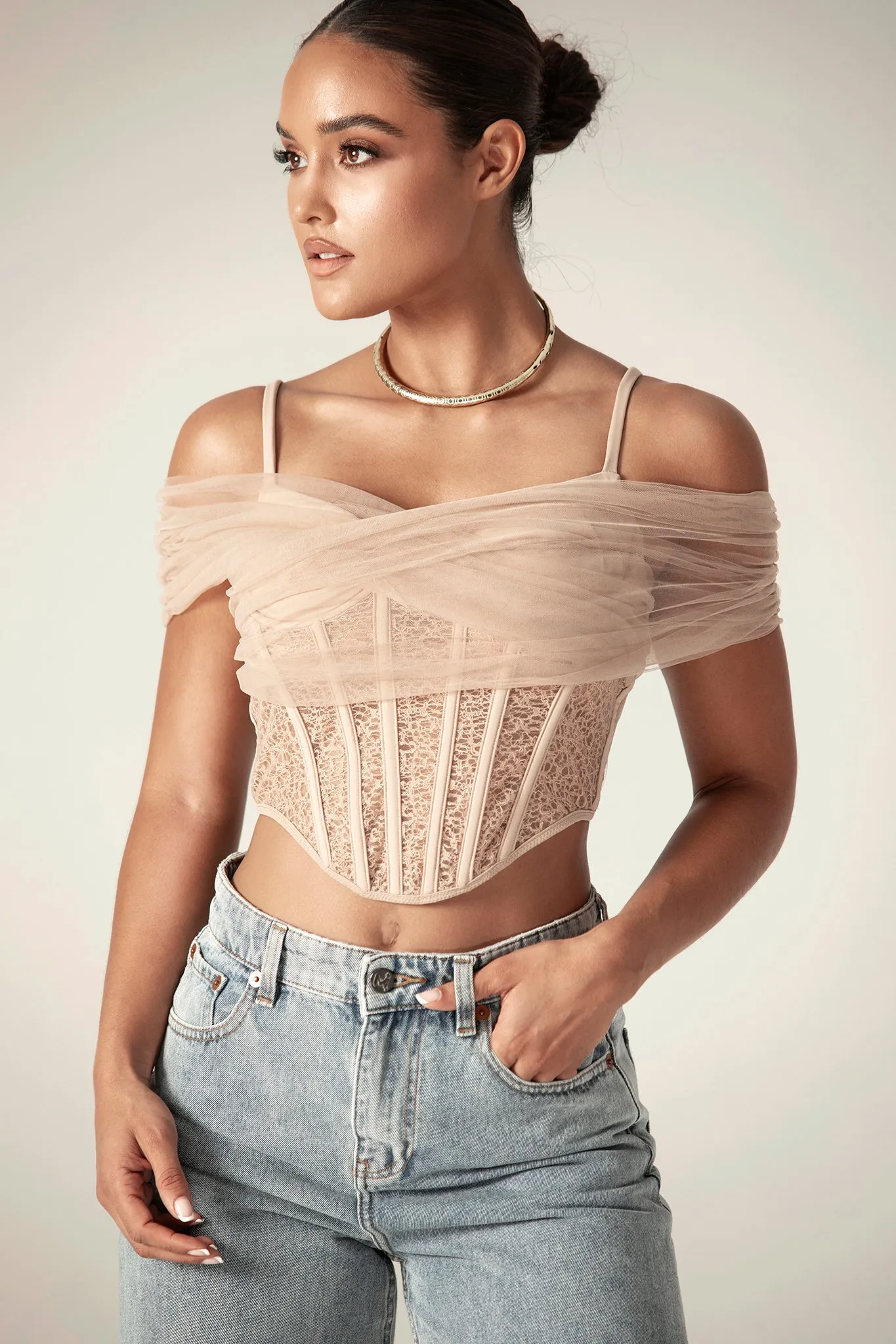 Paris Lace Off Shoulder Corset Top (Nude)