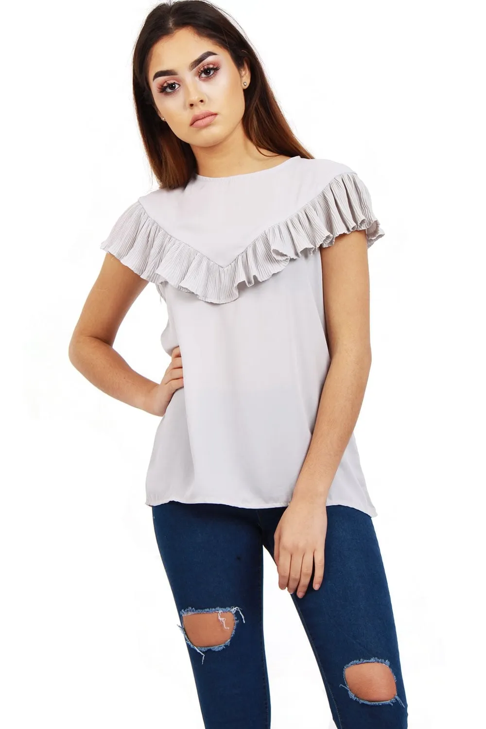 Pleated Ruffle Cap Sleeve Top