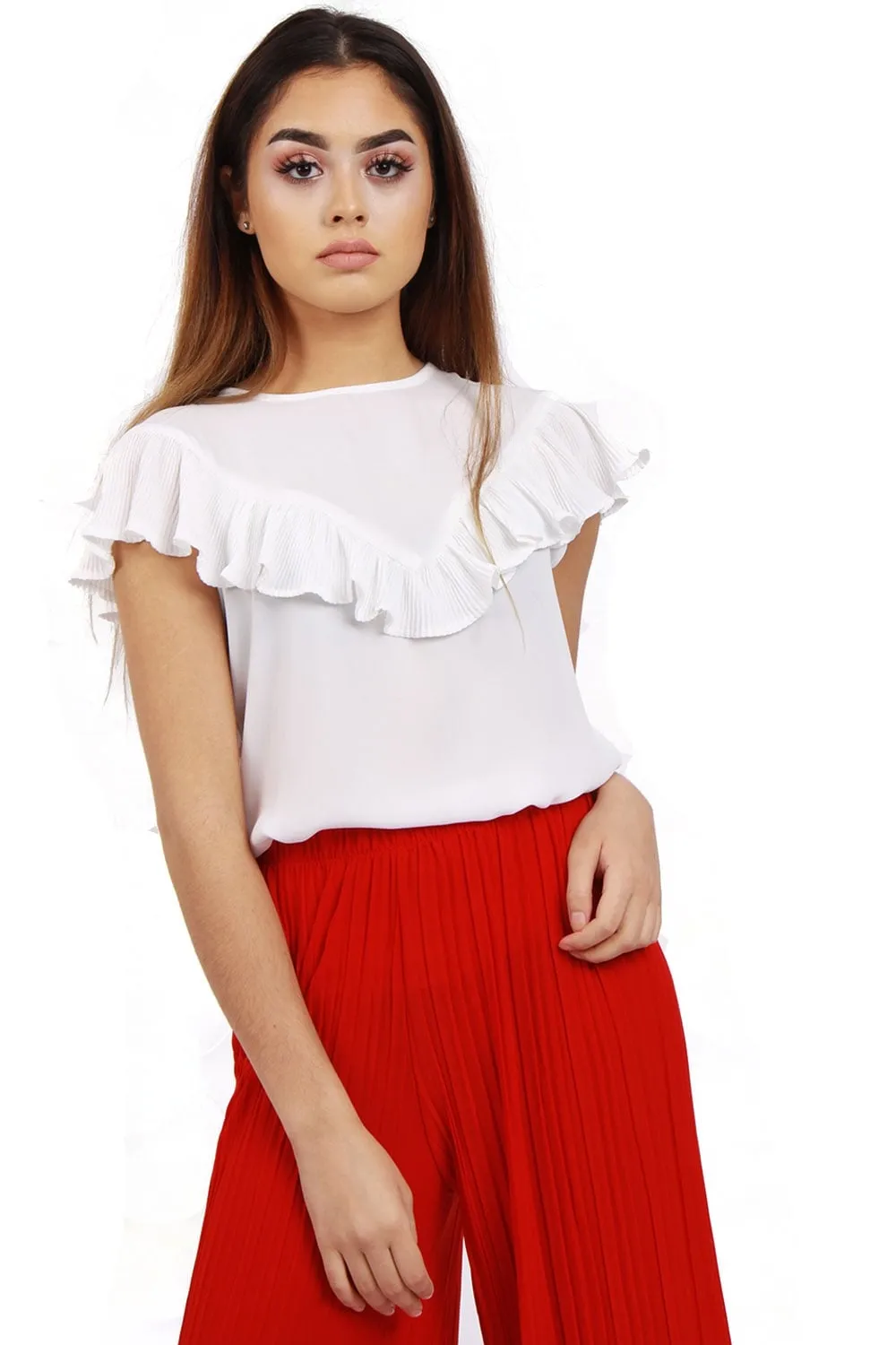 Pleated Ruffle Cap Sleeve Top