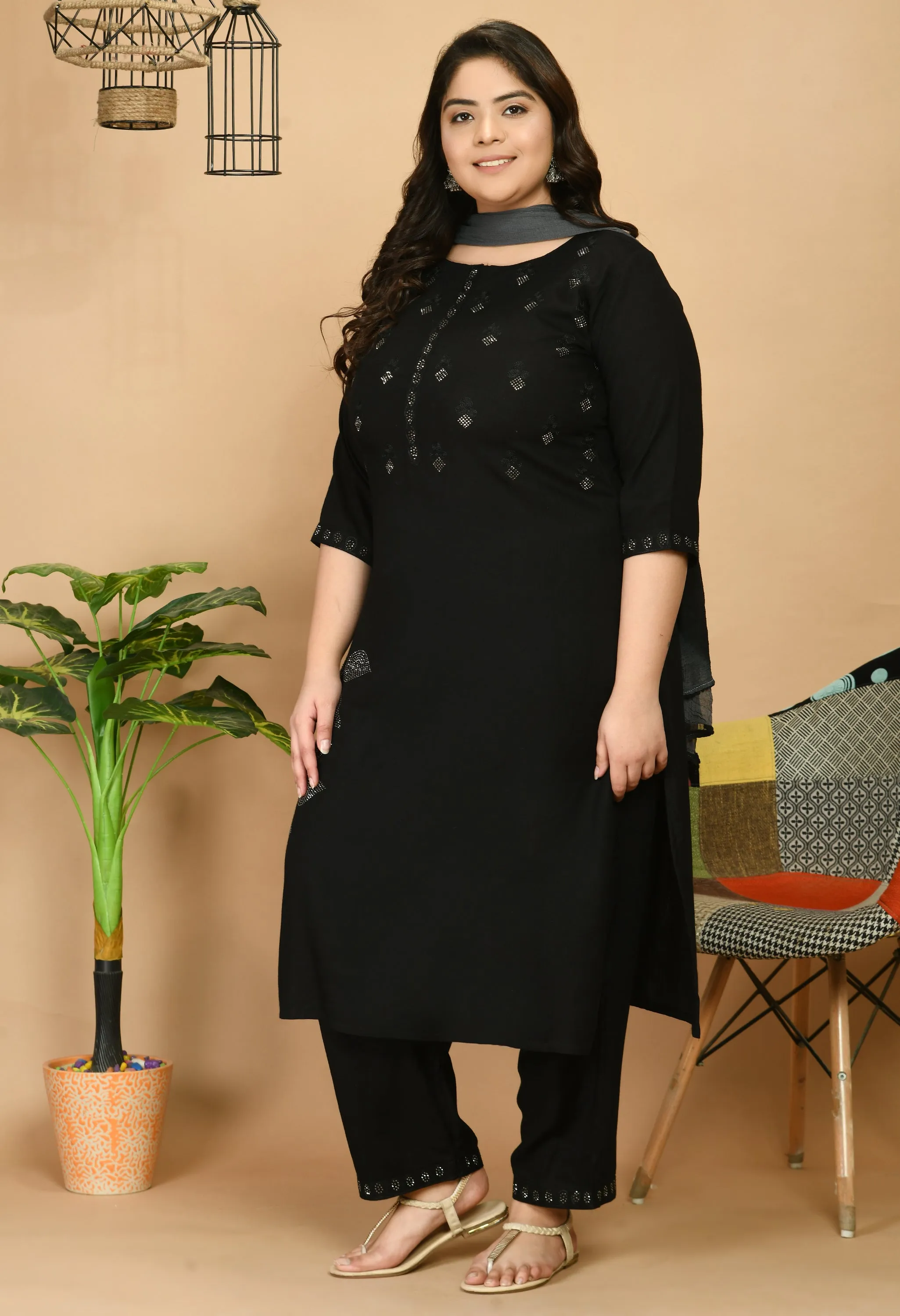 Plus Size Dazzling Black Kurta Pant Set with Dupatta