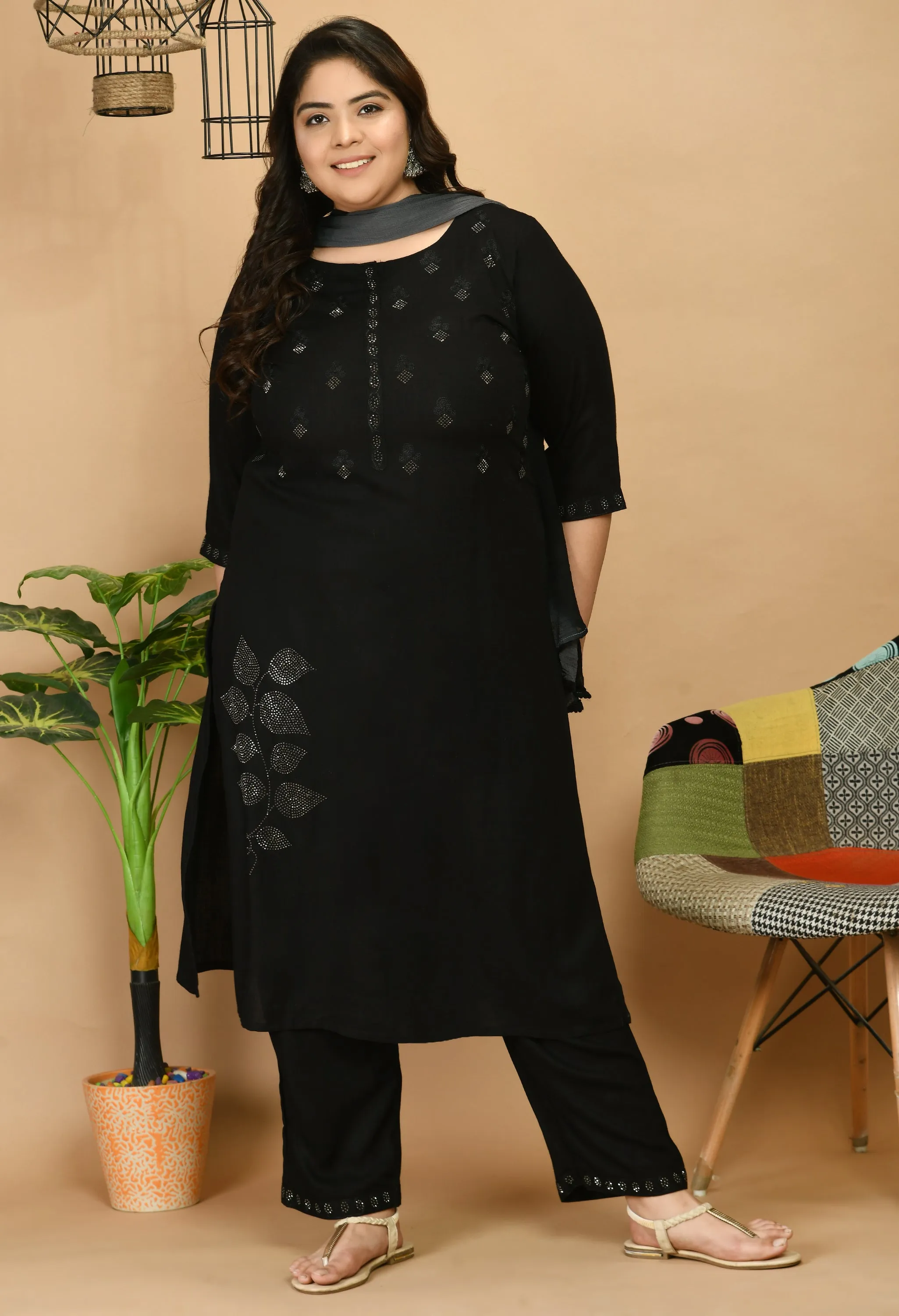 Plus Size Dazzling Black Kurta Pant Set with Dupatta