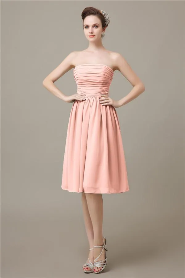 Pretty Strapless Chiffon A-line Knee-Length Bridesmaid Dresses