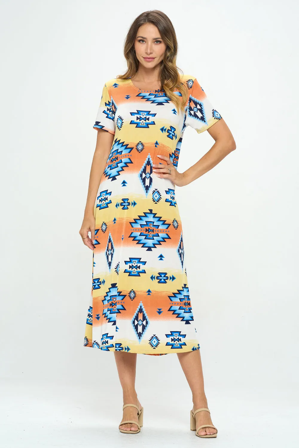 Print Long Dress Short Sleeve -7002BN-SRP1-W371