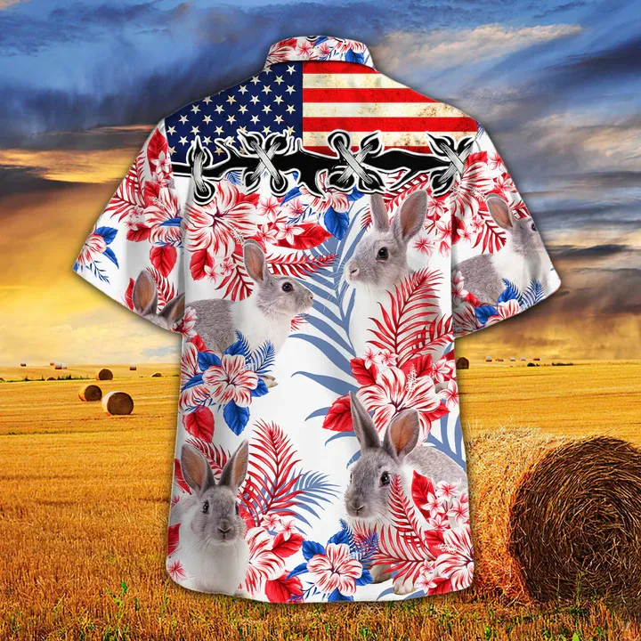 Rabbit Lovers American Flag Hawaiian Shirt, Rabbit Hawaiian shirt vintage flower, Hawaiian shirt men, Hawaiian shirt women