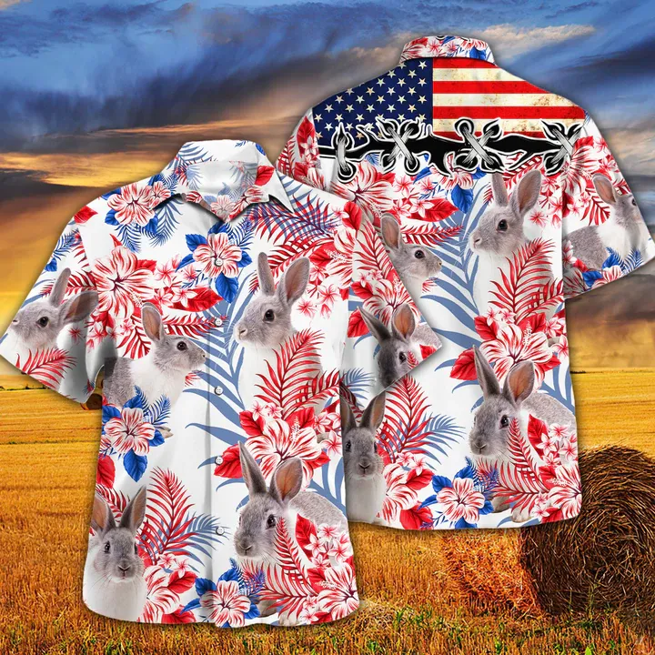 Rabbit Lovers American Flag Hawaiian Shirt, Rabbit Hawaiian shirt vintage flower, Hawaiian shirt men, Hawaiian shirt women