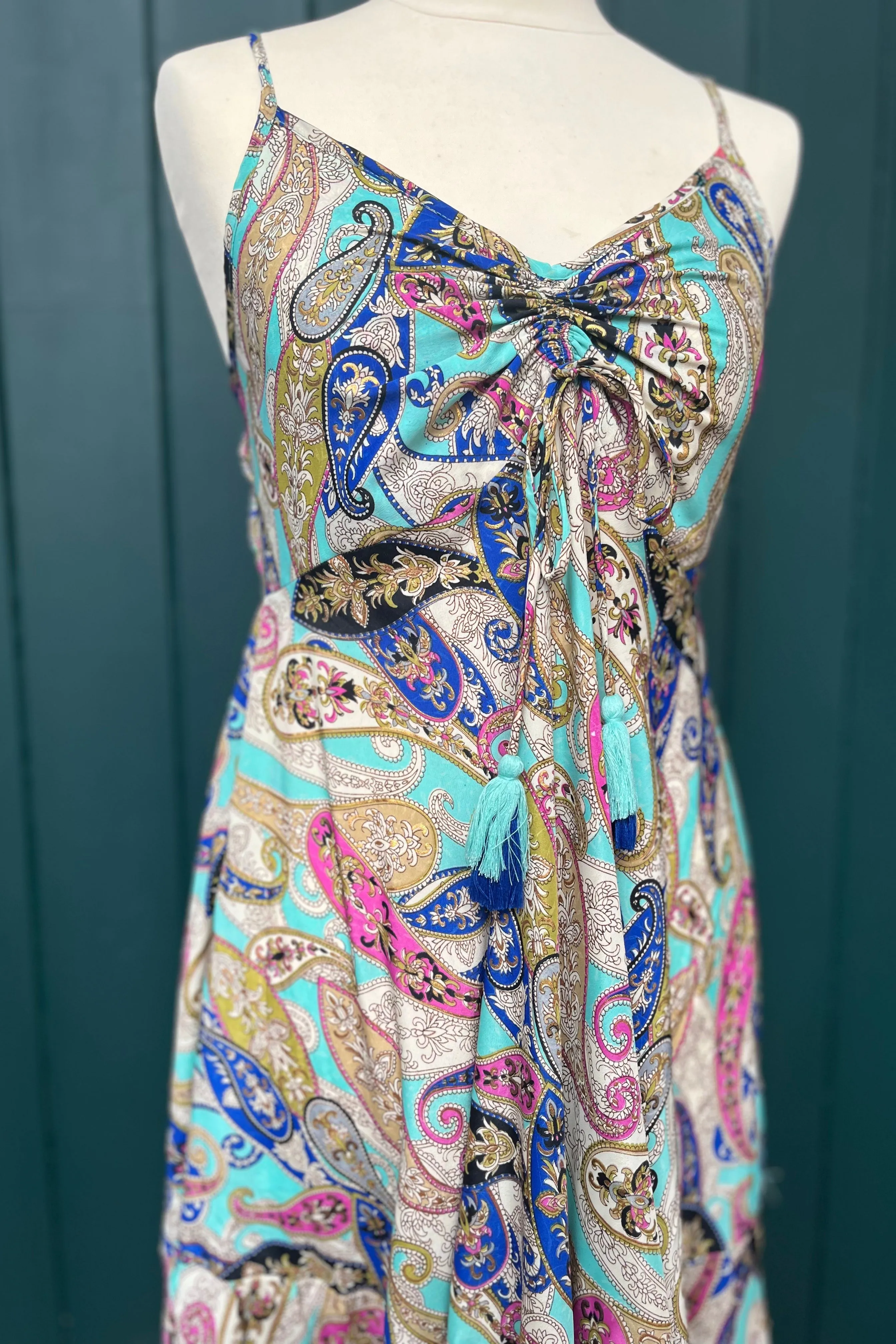 Re-Wear Creme Boheme Multi Printed Silk Dress w/ Ruching