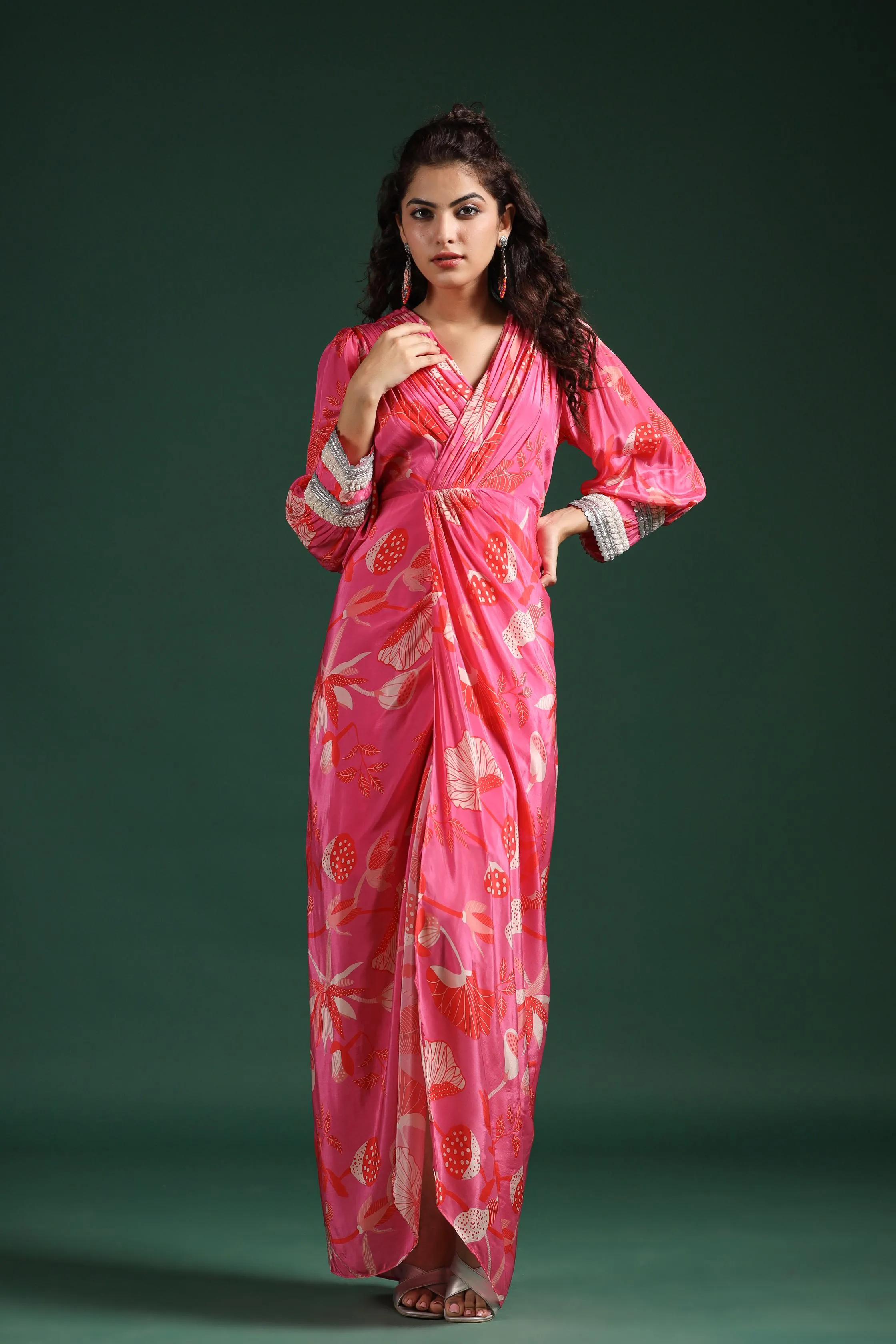 Rose Pink Digital Printed Muslin Silk Draped Dress