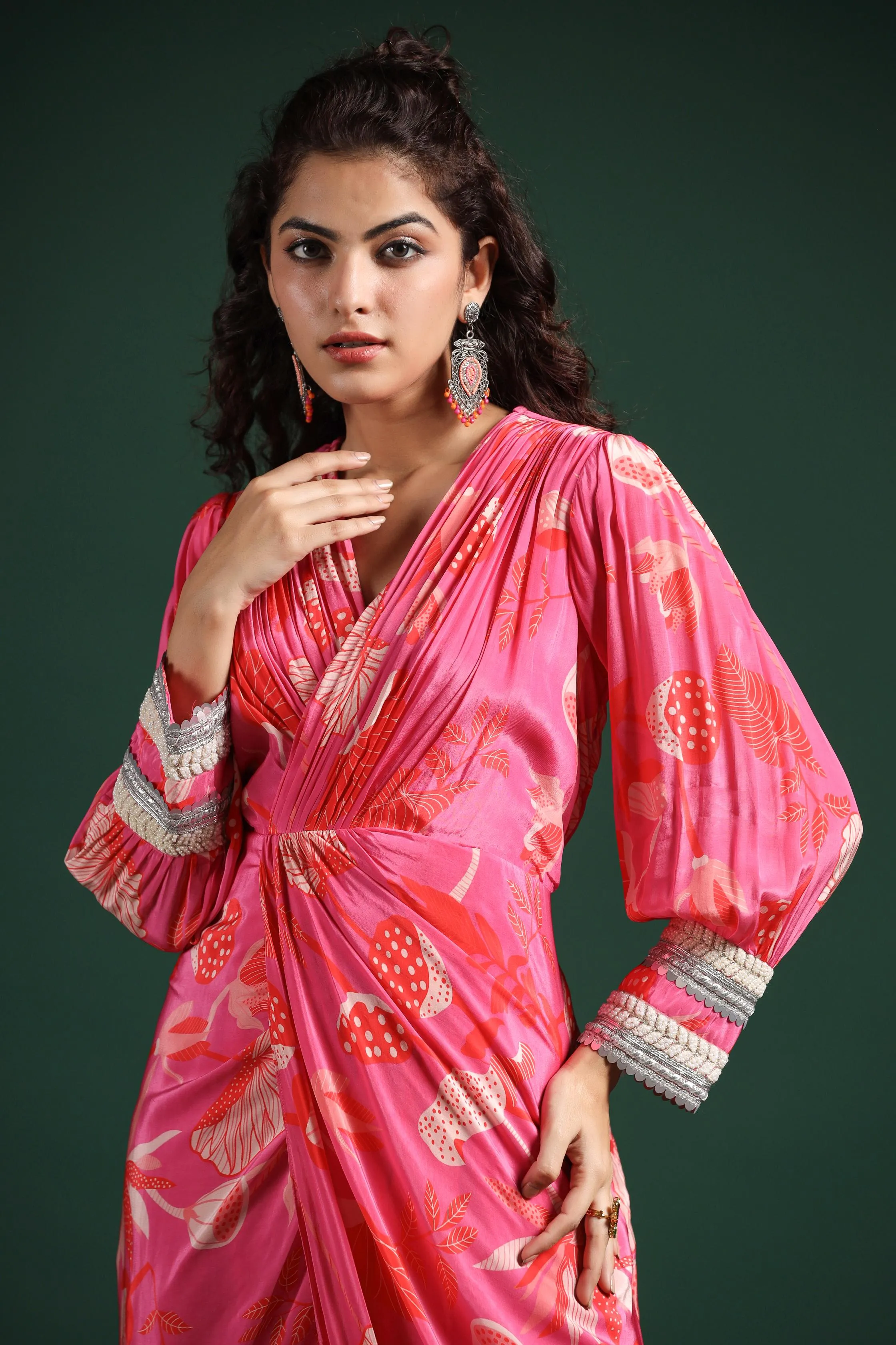 Rose Pink Digital Printed Muslin Silk Draped Dress