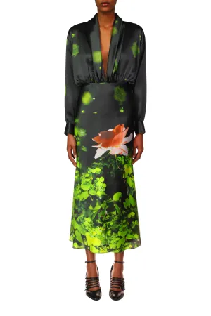 Rose Printed Satin Bias Dress with Shawl Collar