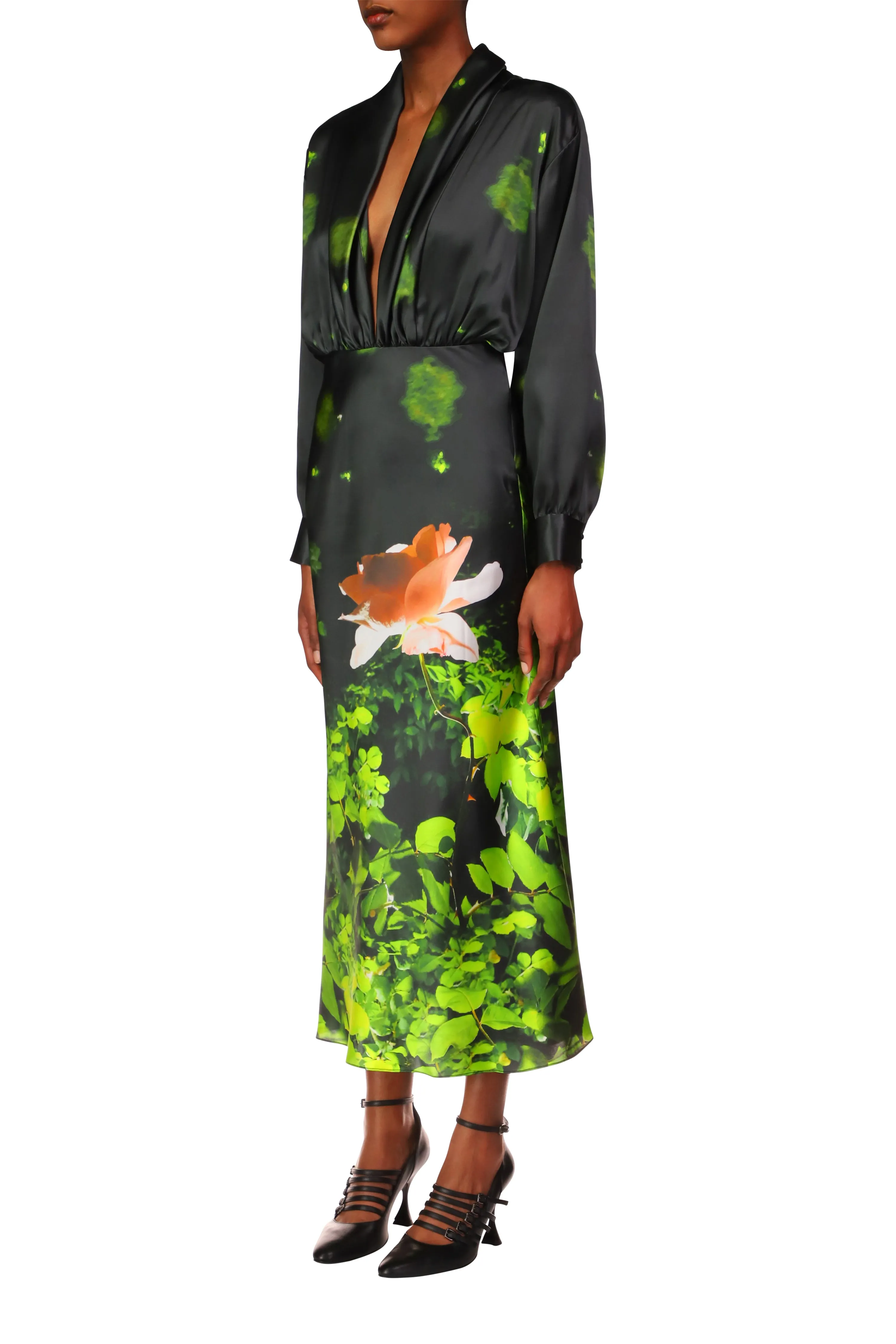 Rose Printed Satin Bias Dress with Shawl Collar