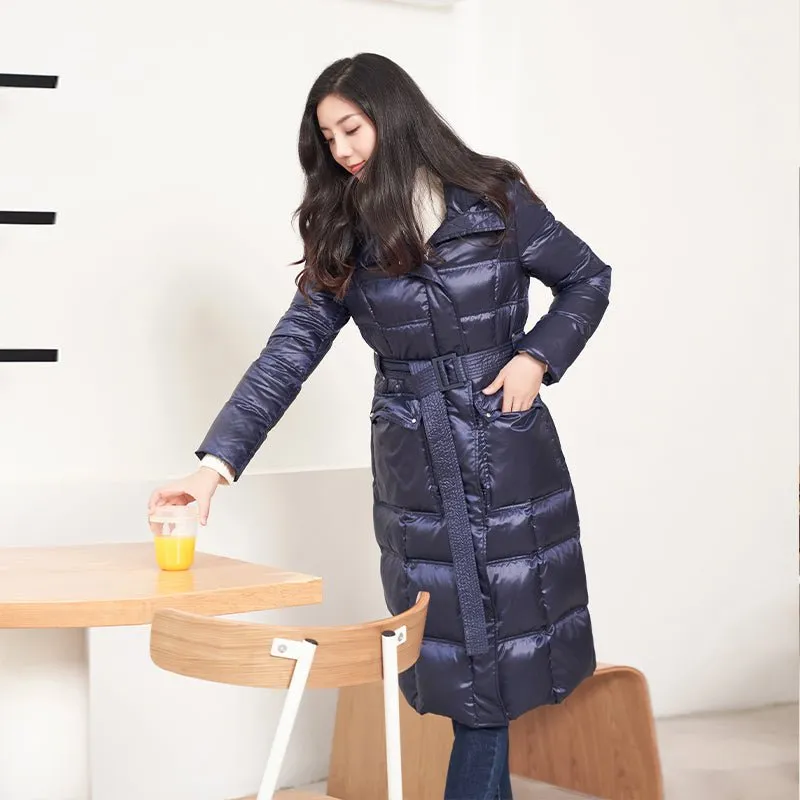 Sapphire Glossy Long Winter Down Jacket With Belt