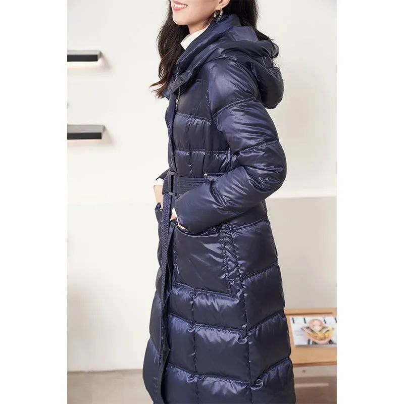 Sapphire Glossy Long Winter Down Jacket With Belt