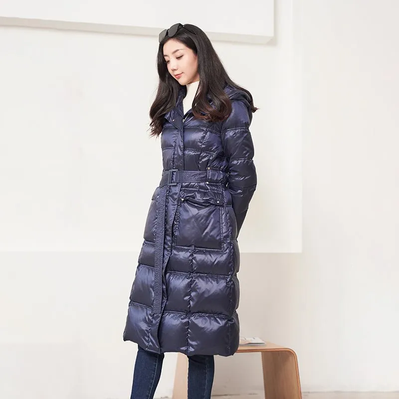 Sapphire Glossy Long Winter Down Jacket With Belt