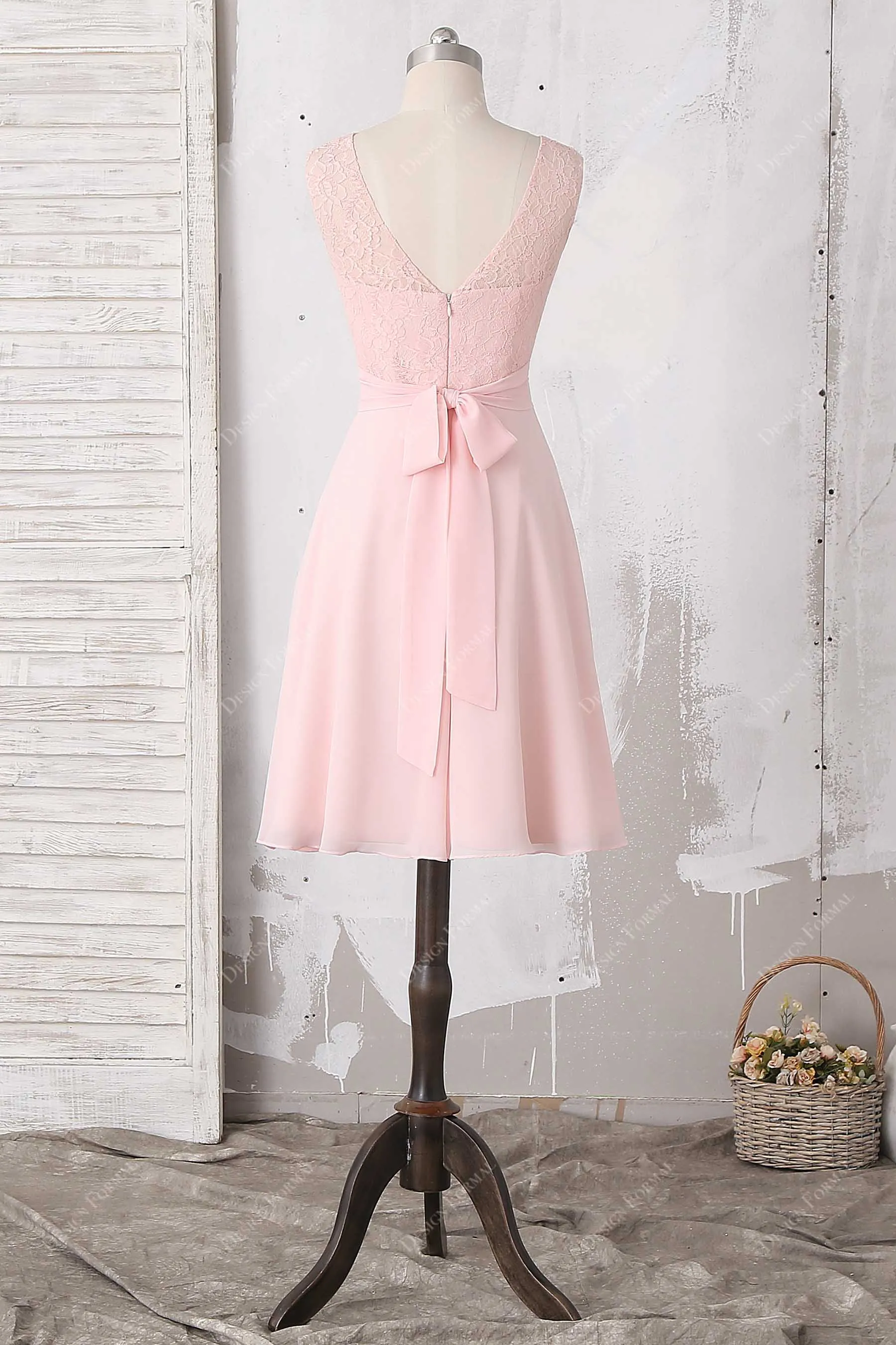 Short Blush Pink Lace Chiffon Cute A-line Knee Length Dress