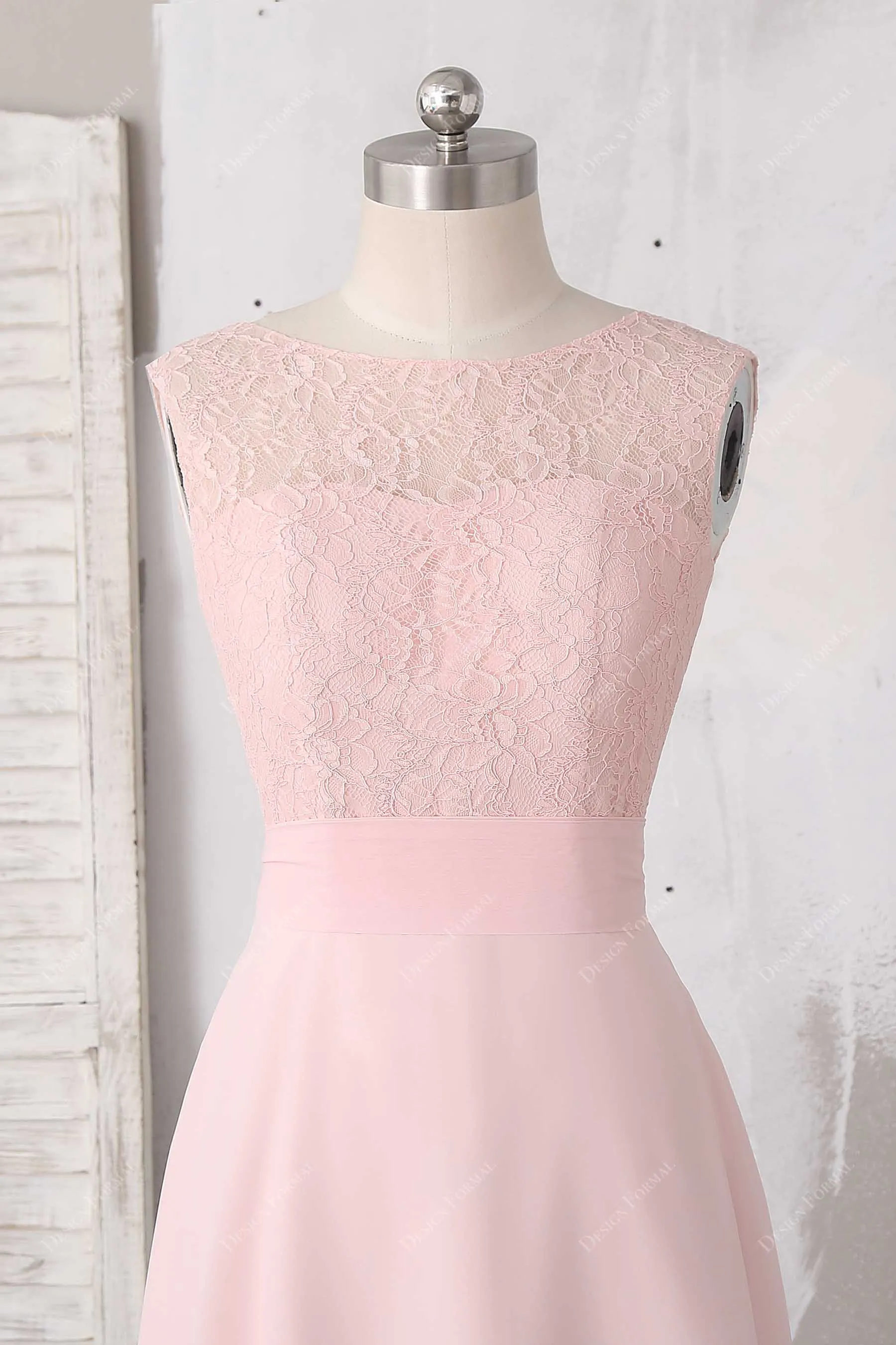 Short Blush Pink Lace Chiffon Cute A-line Knee Length Dress