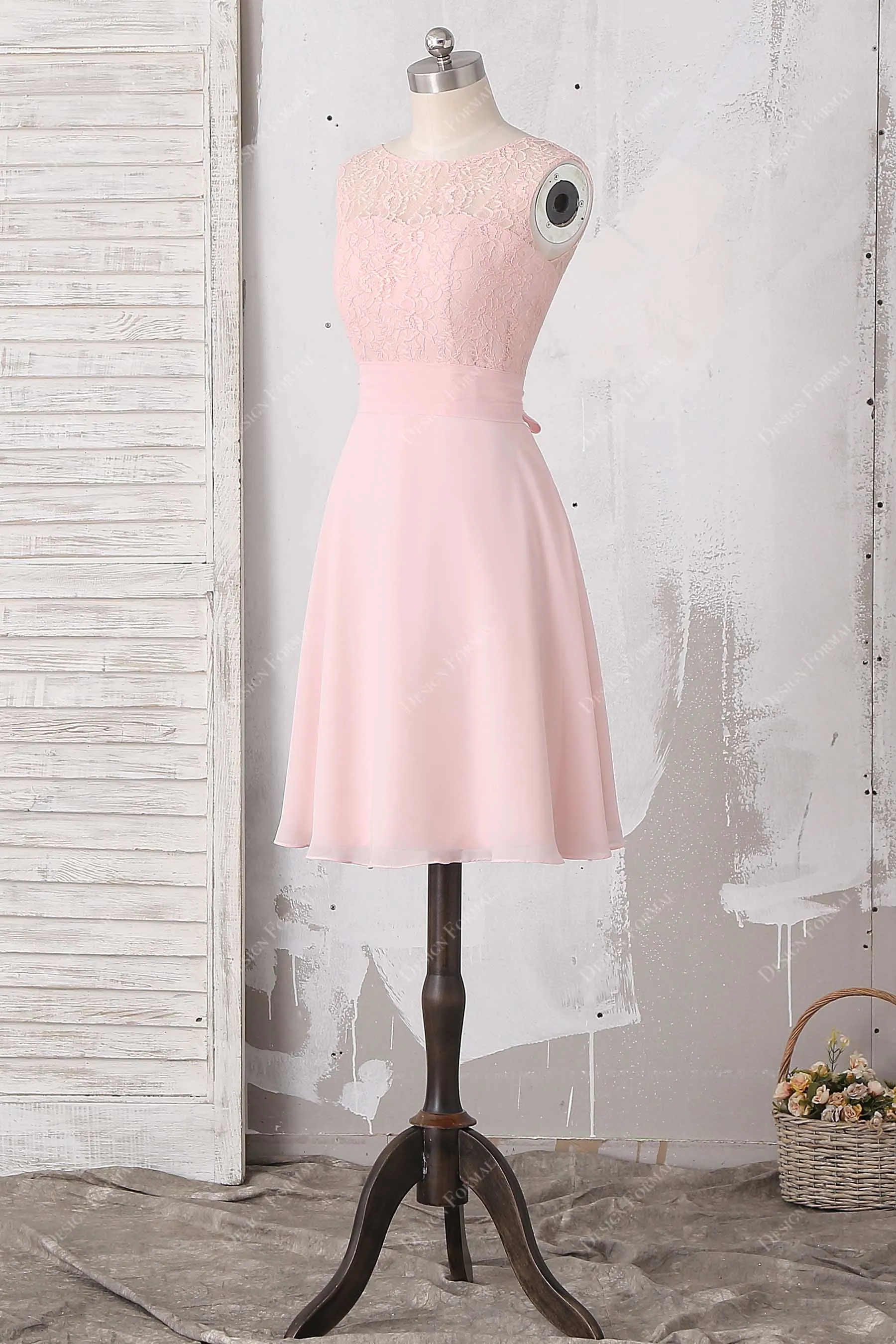 Short Blush Pink Lace Chiffon Cute A-line Knee Length Dress