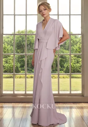 Simple & Casual V-Neck Chiffon Cap Sleeves Cocktail Mother of the Bride Dress