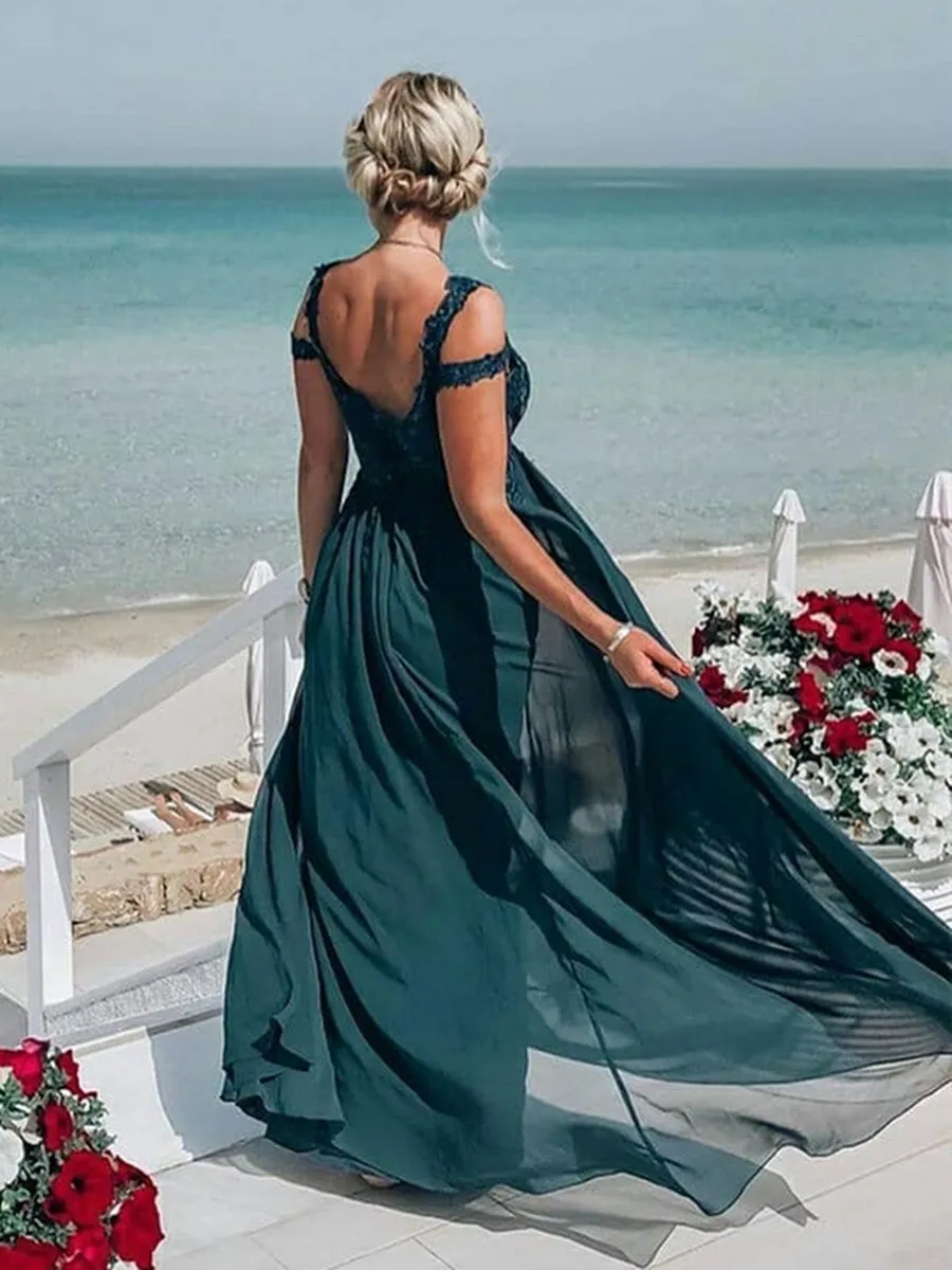 Simple Off Shoulder Lace Dark Green Prom, Off the Shoulder Lace Green Formal Graduation Evening, Off Shoulder Green Bridesmaid