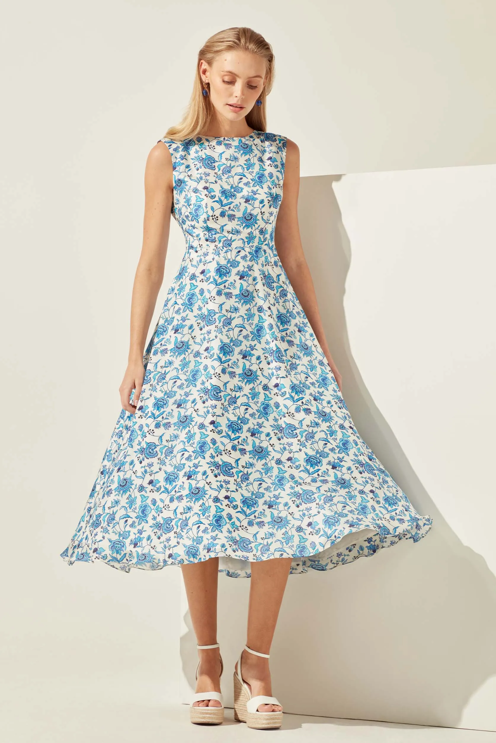 Sleeveless Midi Length Silk Dress in Ivory with Blue/Turquoise Florentine Floral Print - Lettie