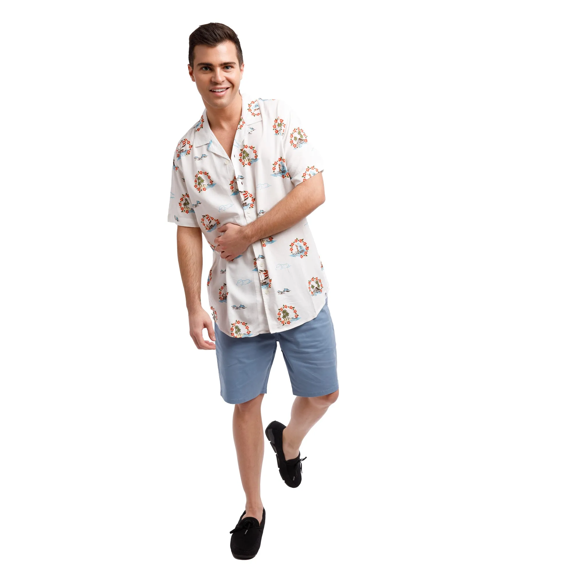 Super Soft Relaxed Printed Short Sleeve Button Up Shirt | Hawaiian Halos